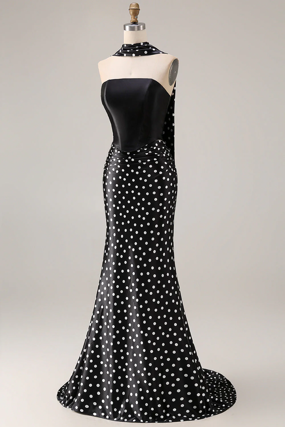 Black White Polka Dots Mermaid Satin Prom Dress with a Neck Scarf - Image 3