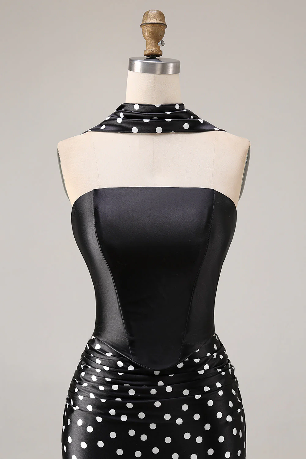 Black White Polka Dots Mermaid Satin Prom Dress with a Neck Scarf - Image 4