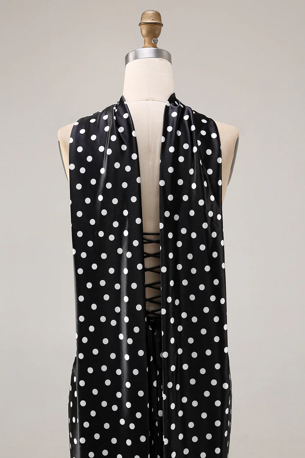 Black White Polka Dots Mermaid Satin Prom Dress with a Neck Scarf - Image 5