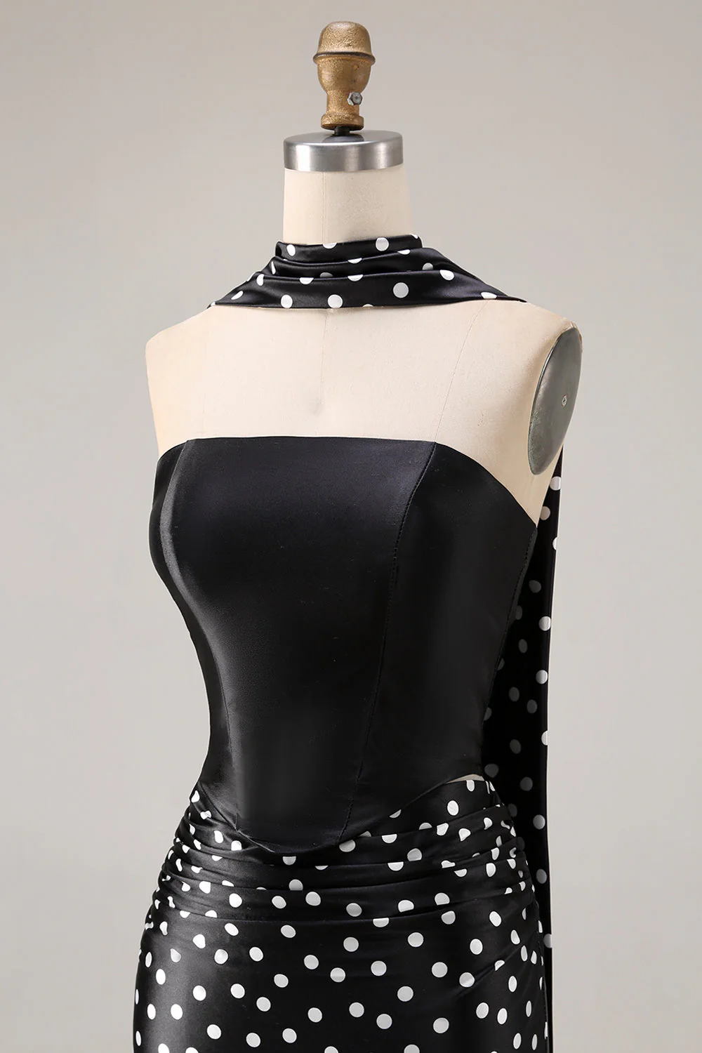 Black White Polka Dots Mermaid Satin Prom Dress with a Neck Scarf - Image 6