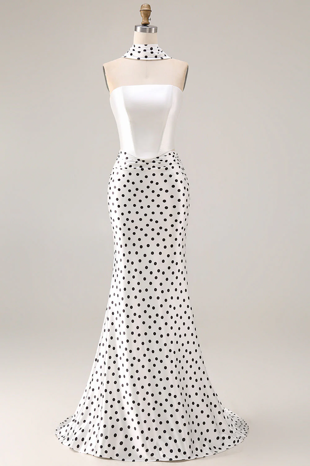 Black White Polka Dots Mermaid Satin Prom Dress with a Neck Scarf - Image 7