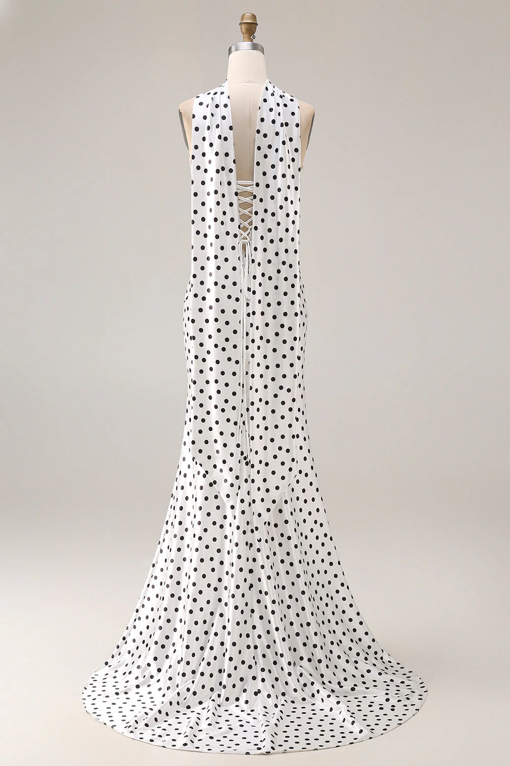 Black White Polka Dots Mermaid Satin Prom Dress with a Neck Scarf - Image 8