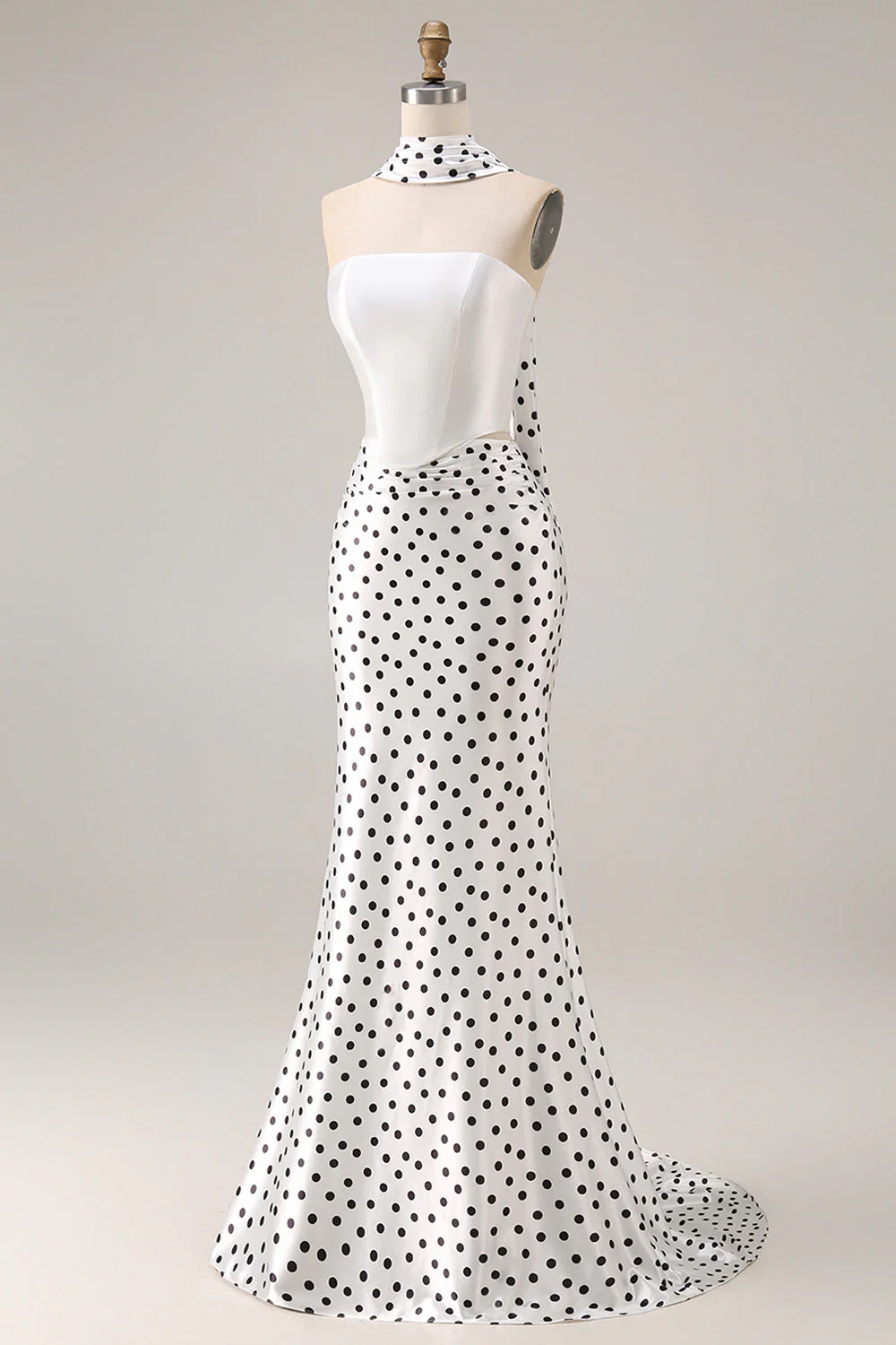 Black White Polka Dots Mermaid Satin Prom Dress with a Neck Scarf - Image 9