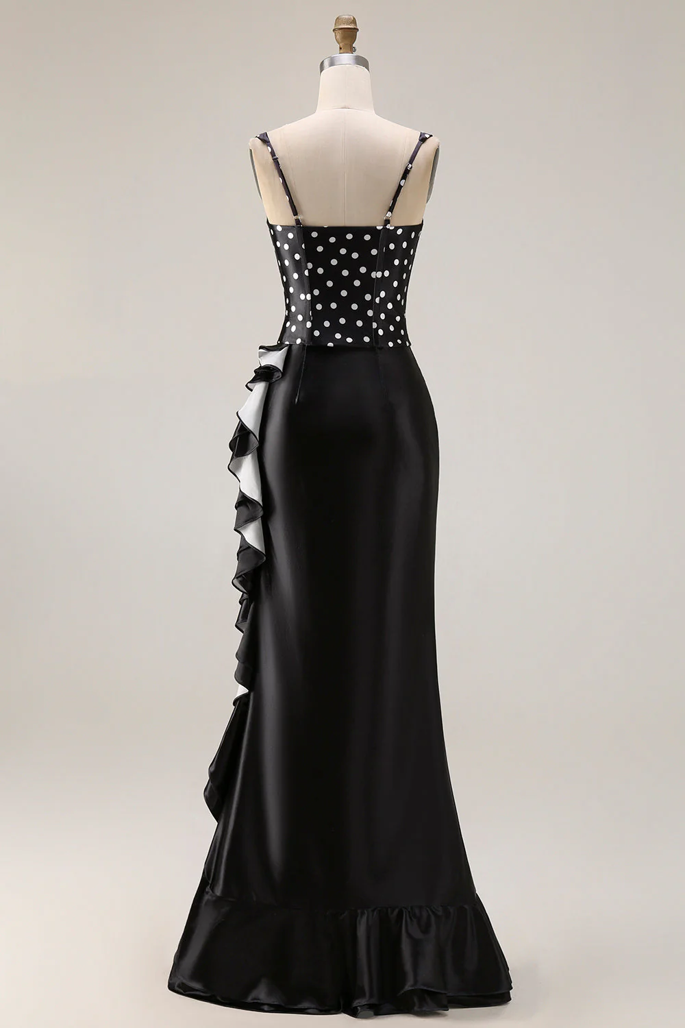 Black White Polka Dots Two-Piece Mermaid Square Neck Long Prom Dress with Ruffle Slit - Image 2