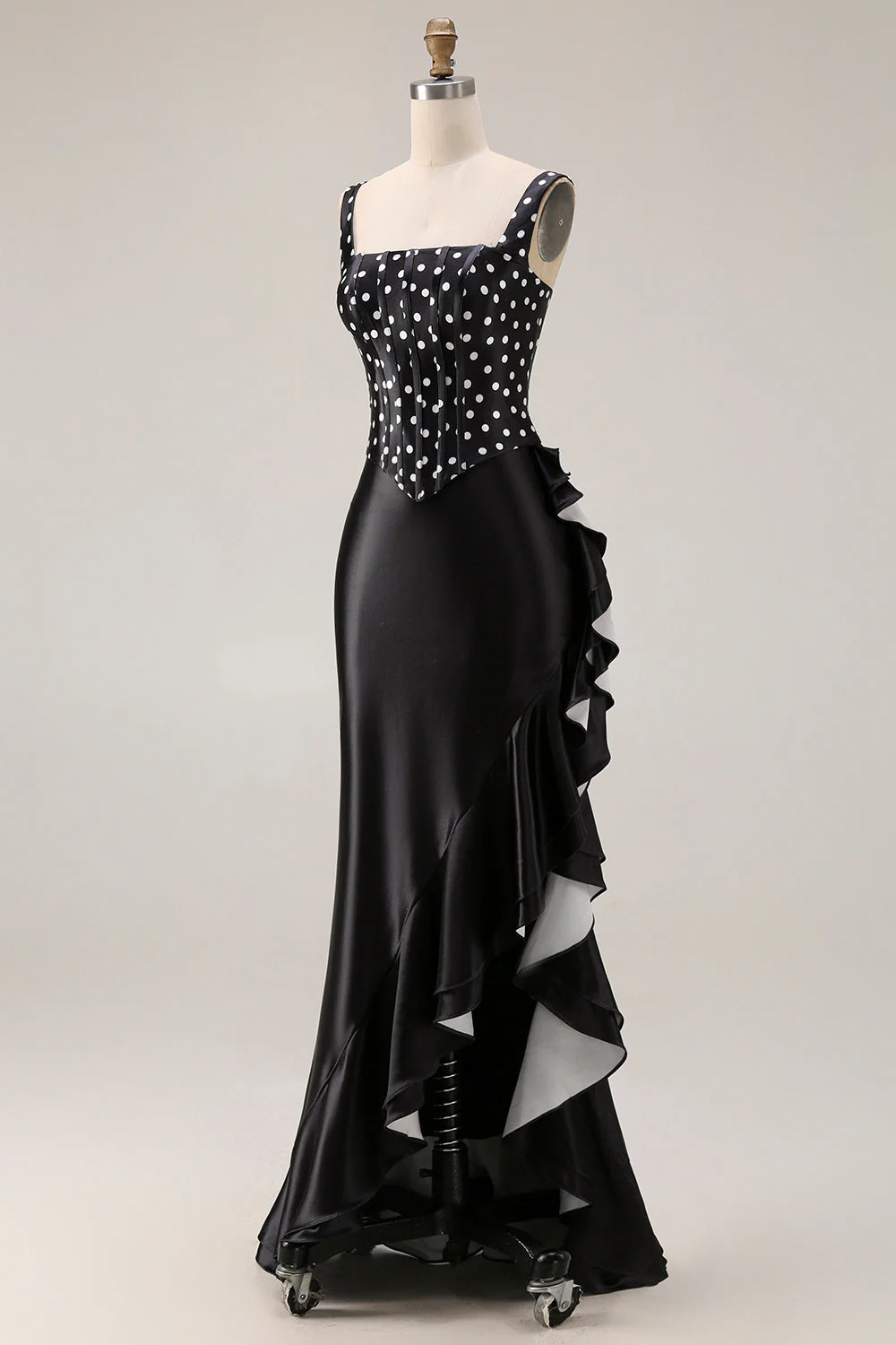 Black White Polka Dots Two-Piece Mermaid Square Neck Long Prom Dress with Ruffle Slit - Image 3
