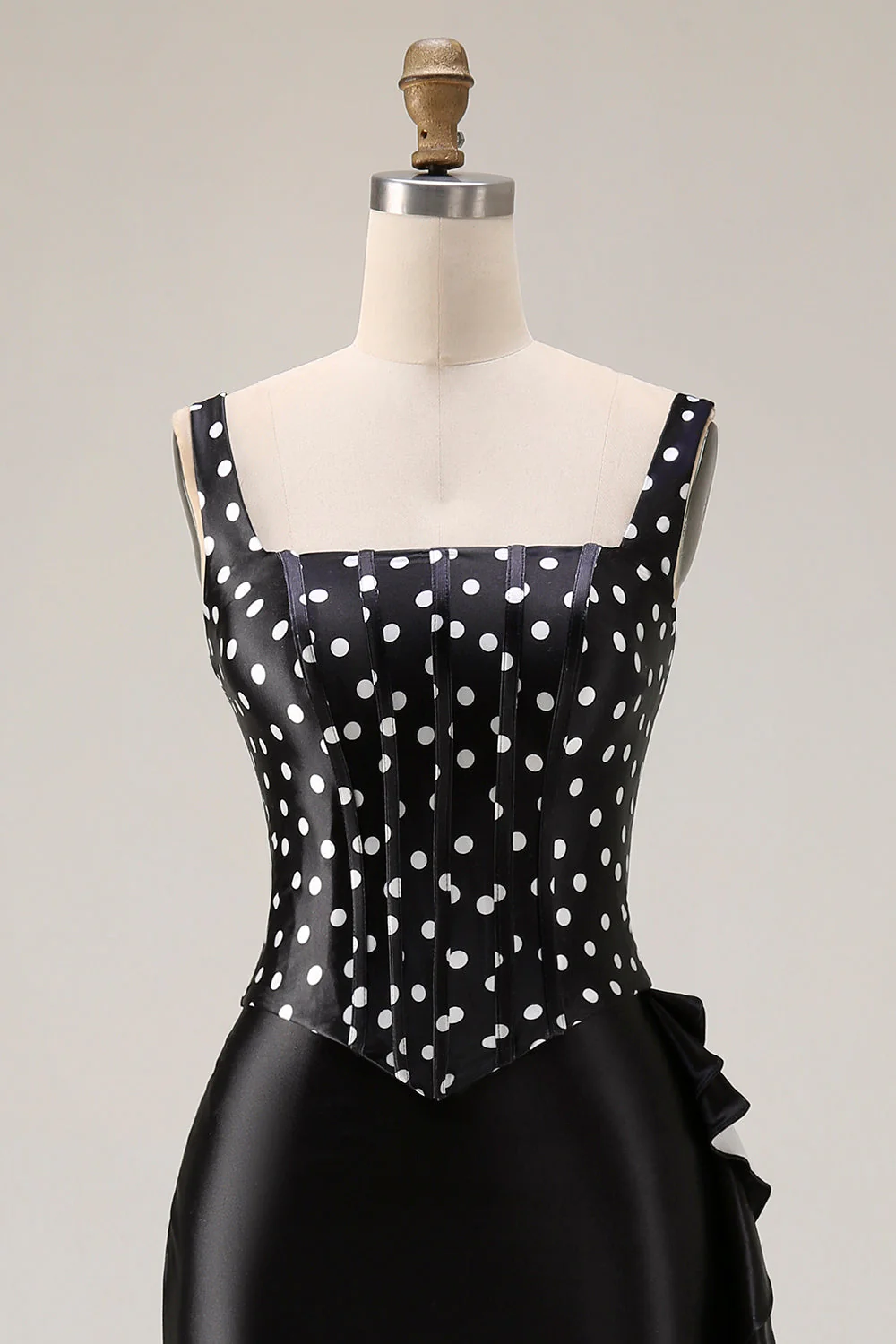 Black White Polka Dots Two-Piece Mermaid Square Neck Long Prom Dress with Ruffle Slit - Image 4