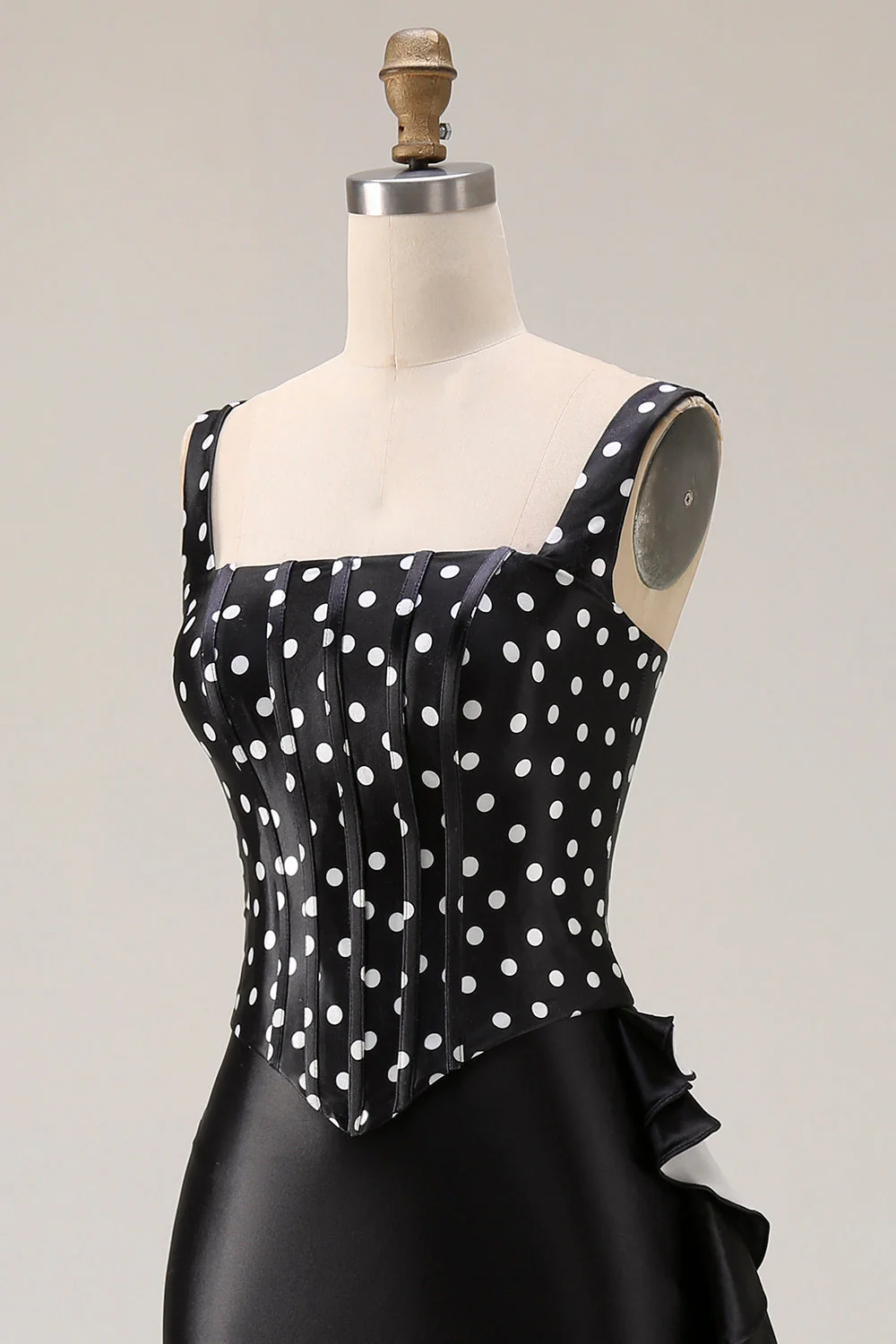 Black White Polka Dots Two-Piece Mermaid Square Neck Long Prom Dress with Ruffle Slit - Image 6