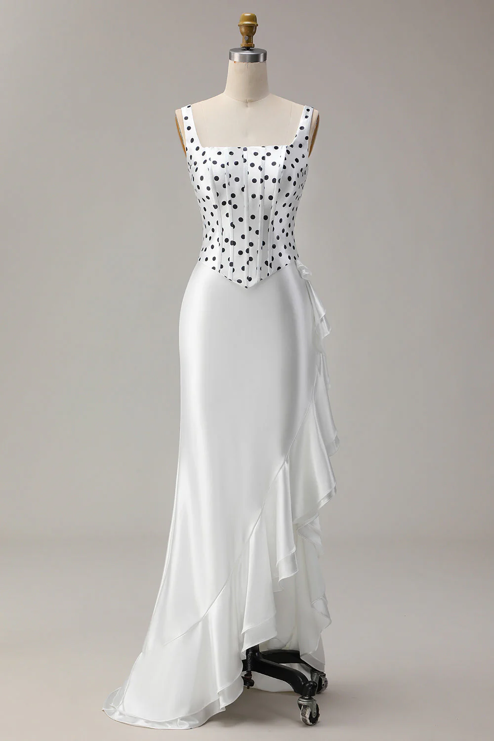 Black White Polka Dots Two-Piece Mermaid Square Neck Long Prom Dress with Ruffle Slit - Image 7