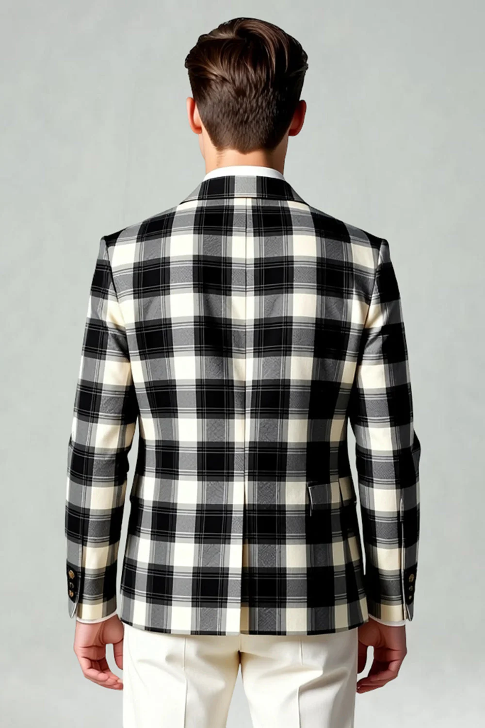 Black White Grid 2 Piece Notched Lapel Single Breasted Men's Prom Suits - Image 3