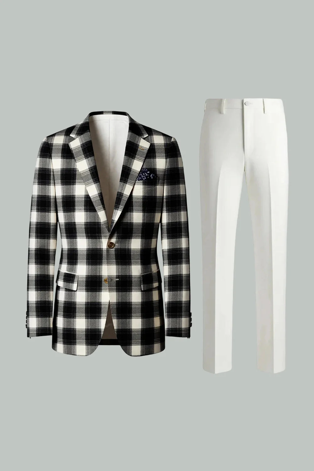 Black White Grid 2 Piece Notched Lapel Single Breasted Men's Prom Suits - Image 4