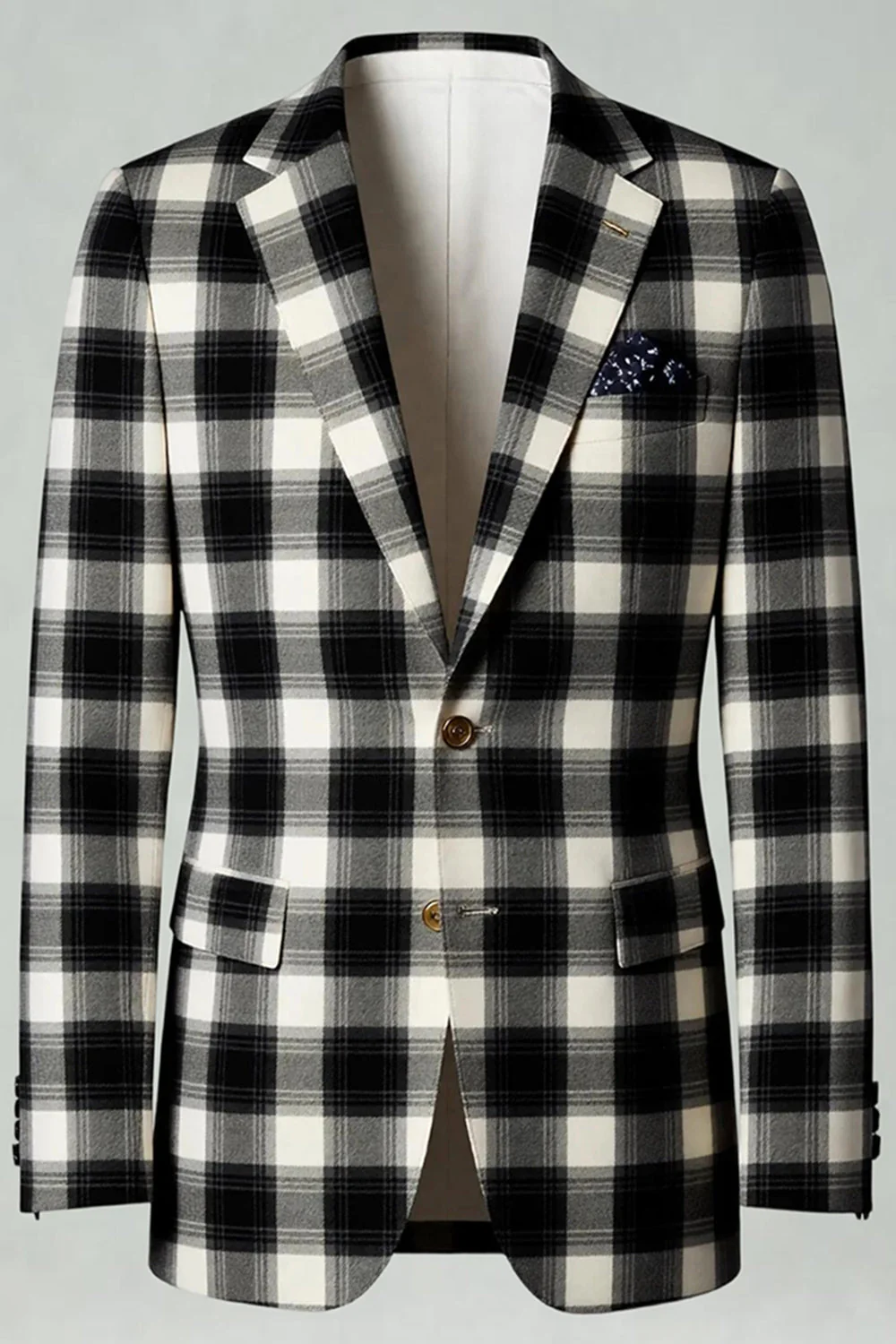 Black White Grid 2 Piece Notched Lapel Single Breasted Men's Prom Suits - Image 5