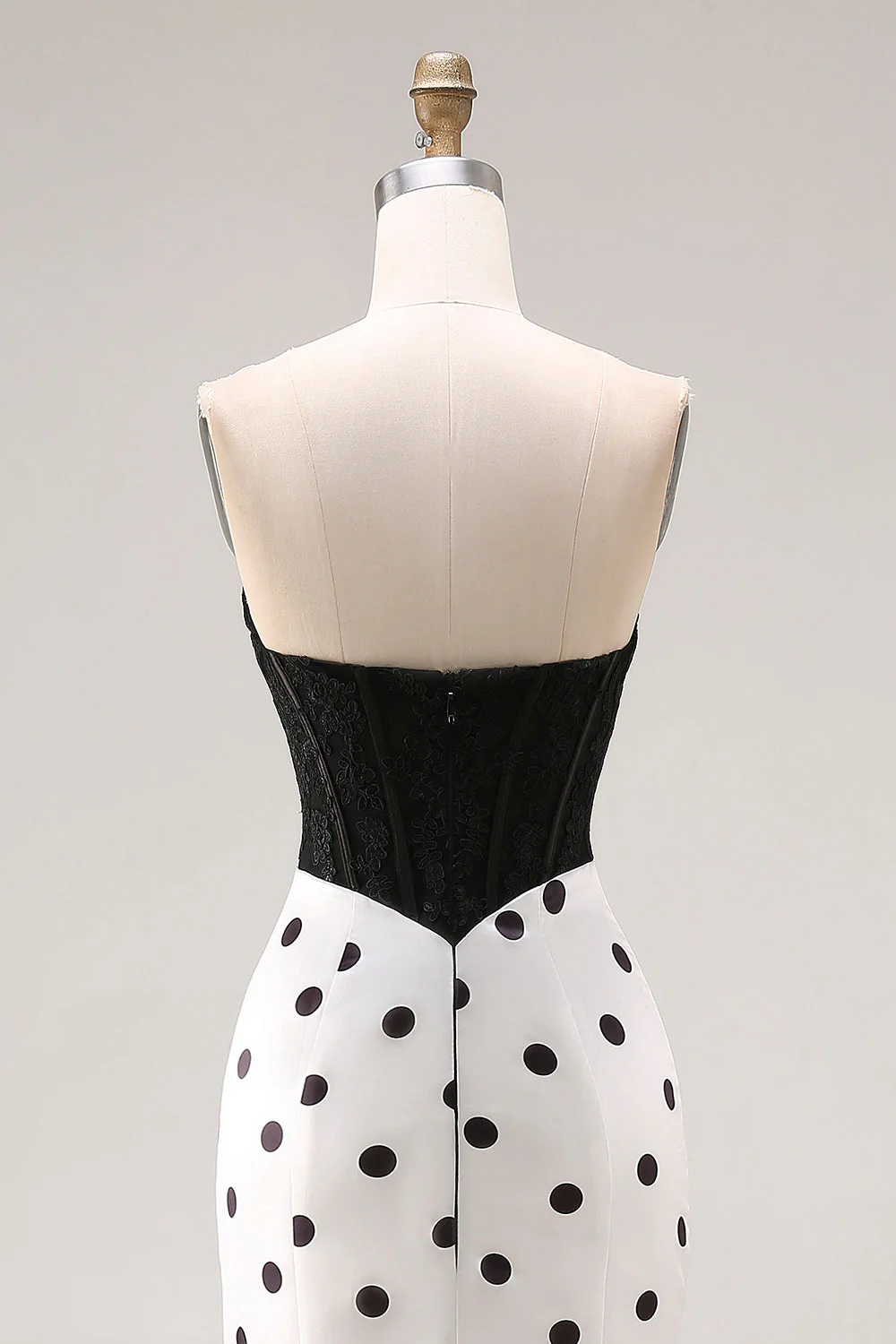 Black White Mermaid Cut Out Satin Long Polka Dots Dress with Bow - Image 7