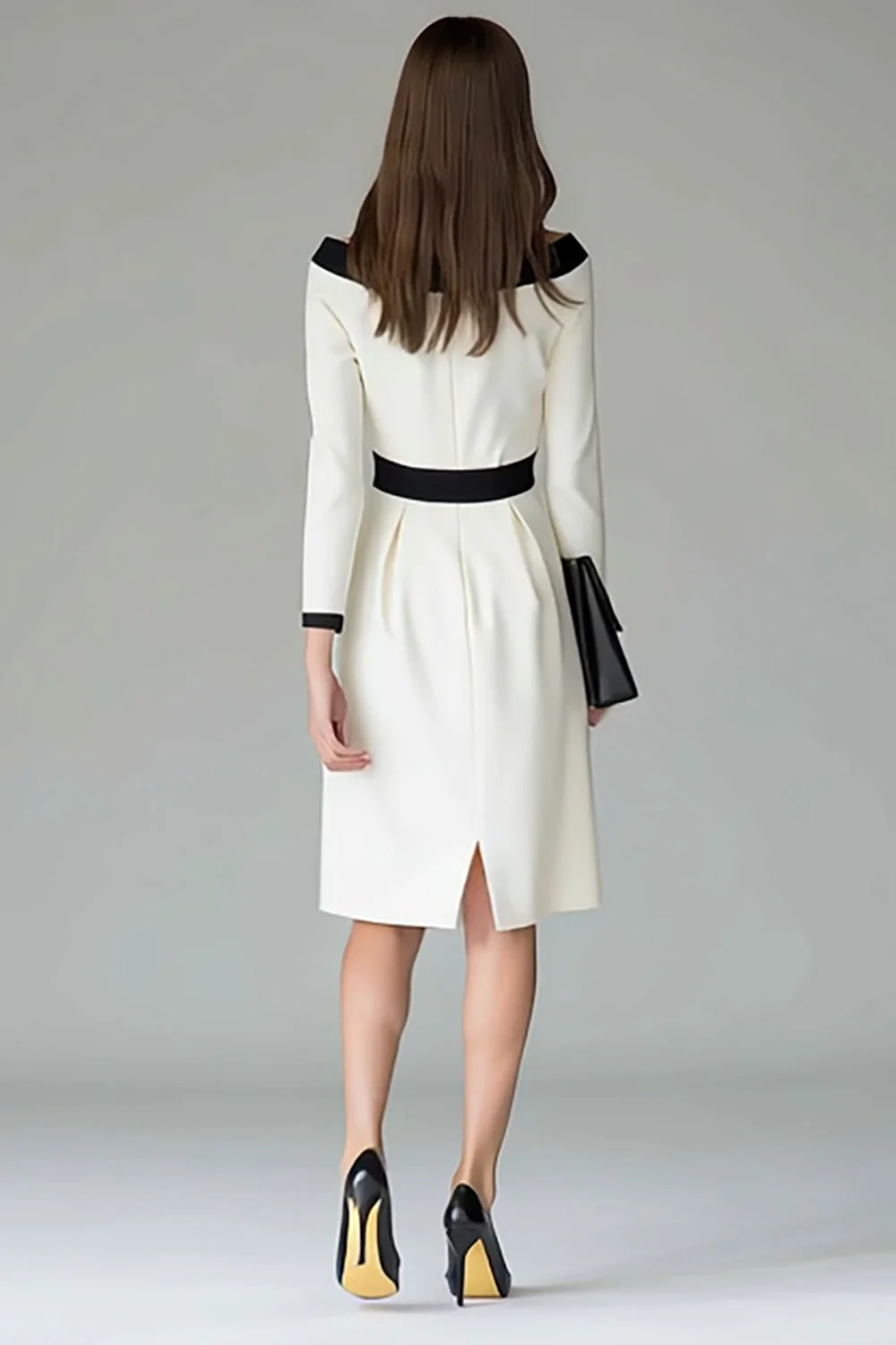 Black White Off the Shouder Sheath Midi Work Dress - Image 2
