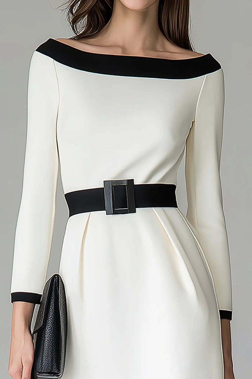 Black White Off the Shouder Sheath Midi Work Dress - Image 3