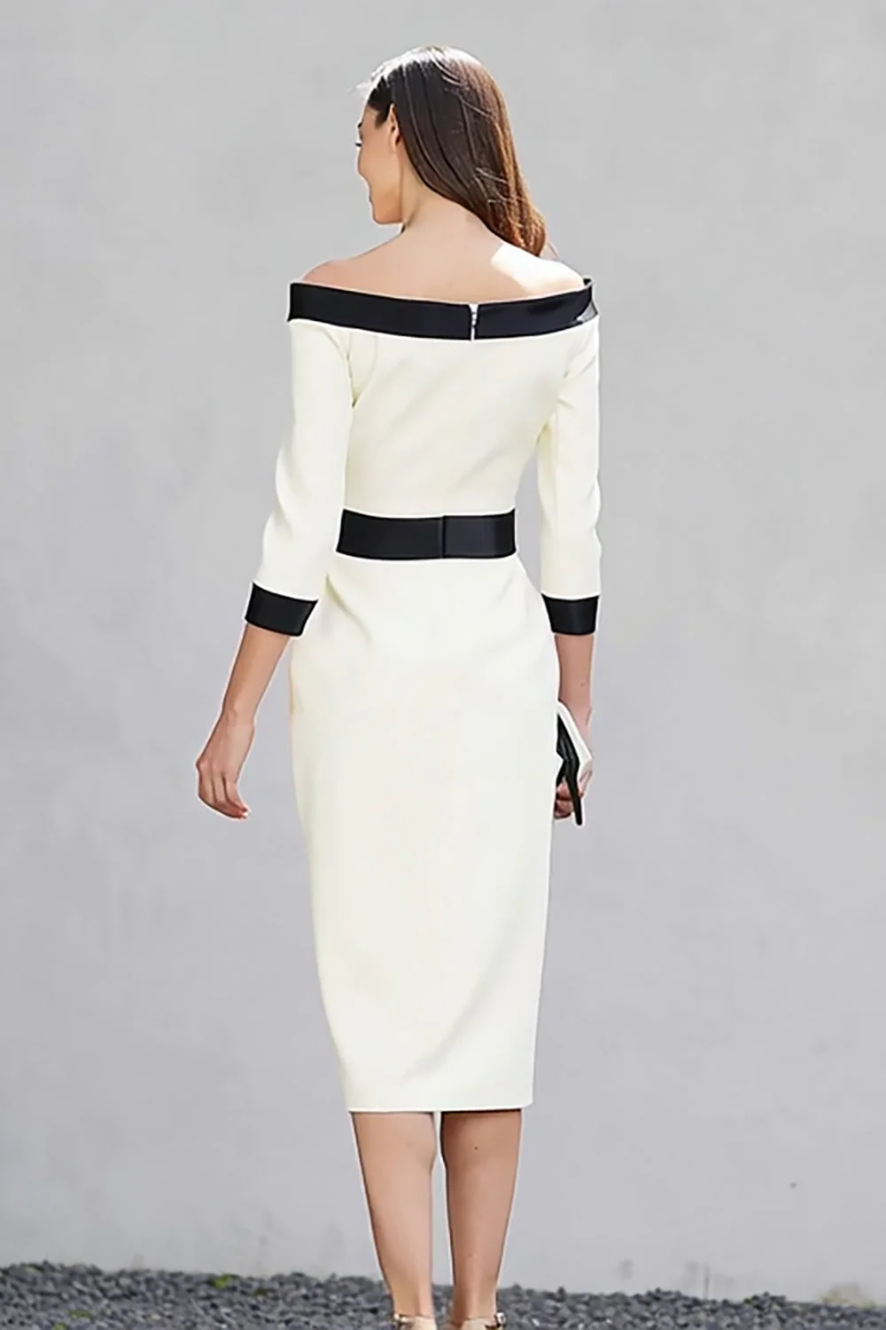 Black White Off the Shoulder Sheath Midi Work Dress - Image 2