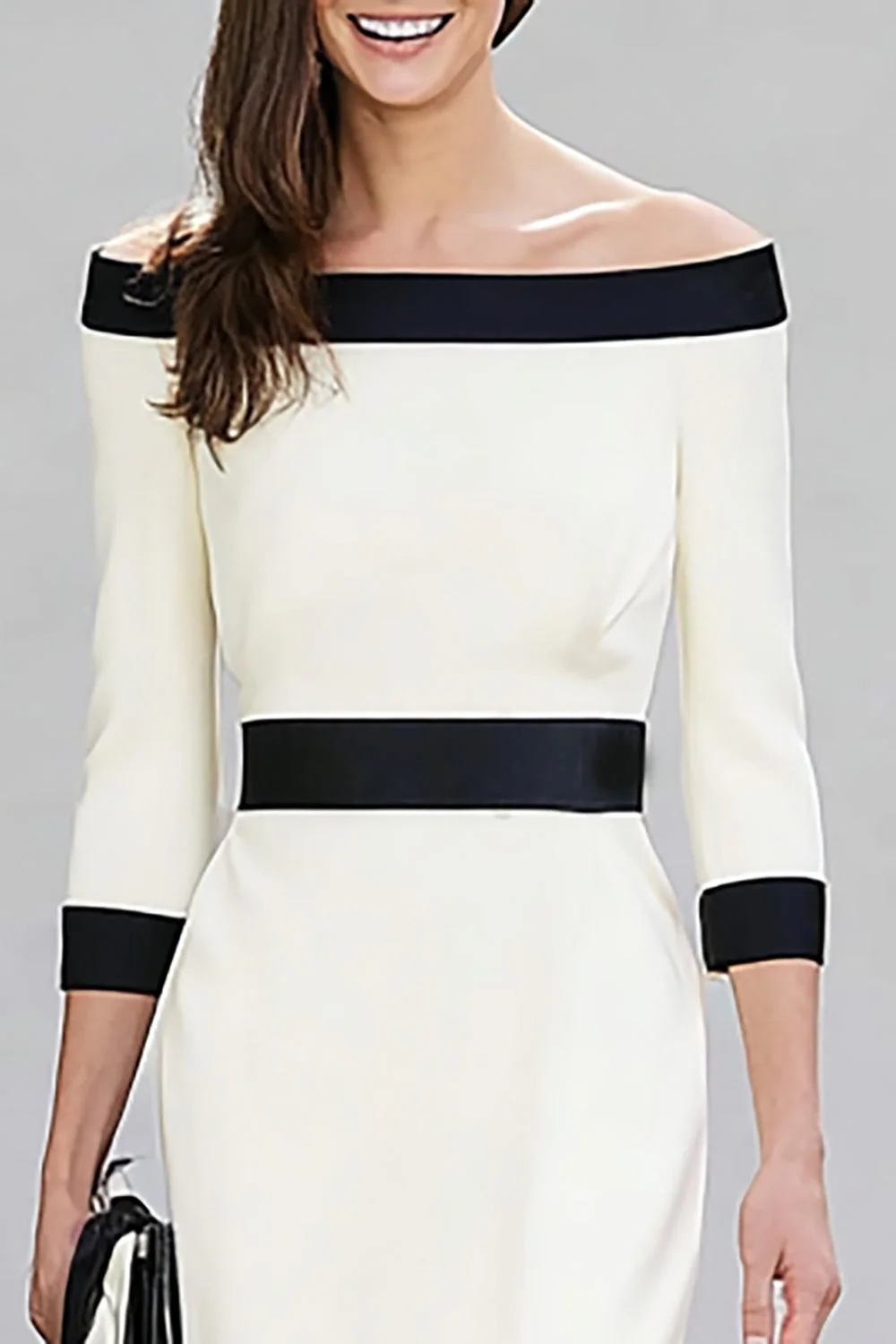 Black White Off the Shoulder Sheath Midi Work Dress - Image 3