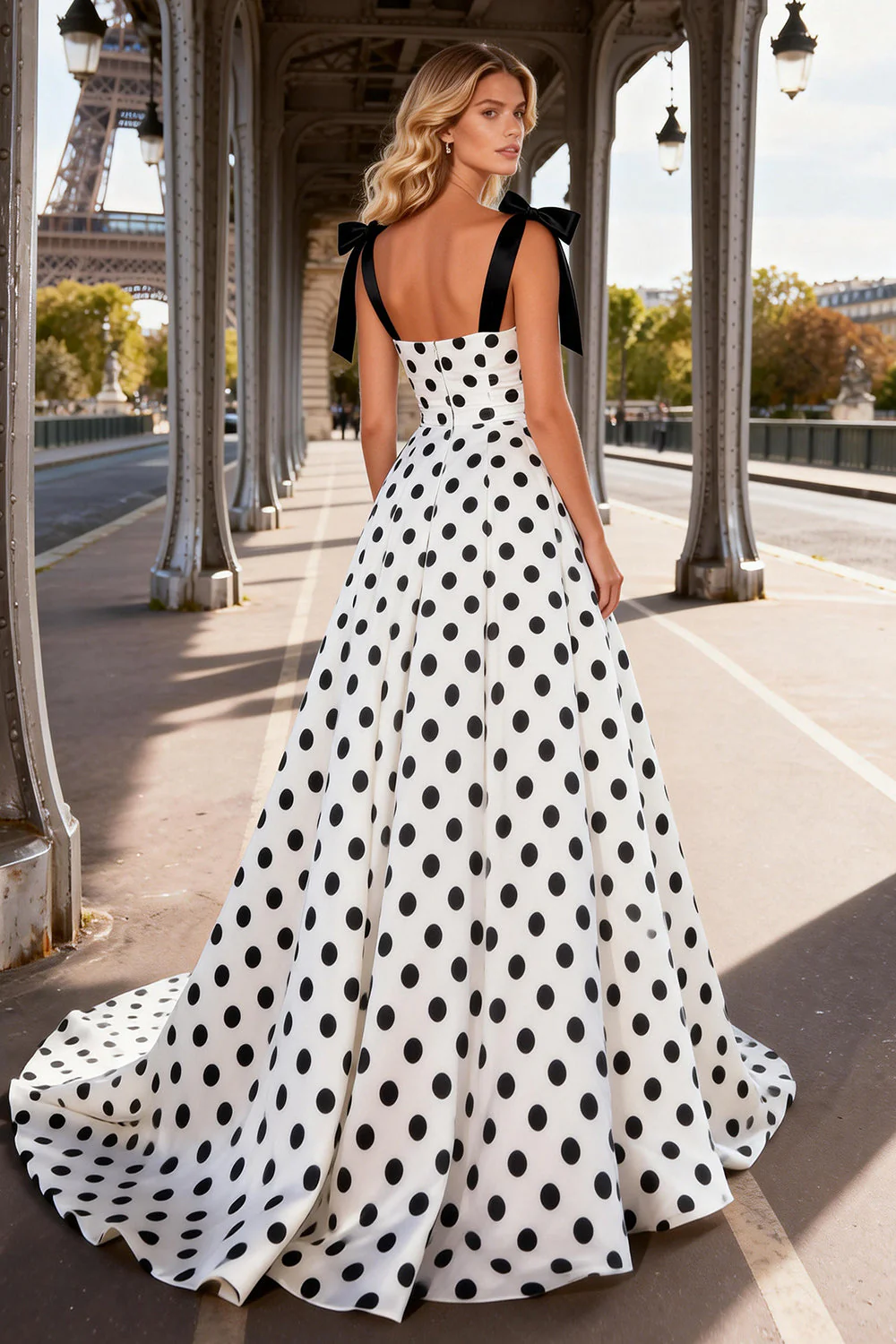Black White Polka Dots A Line Printed Long Prom Dress - Image 2