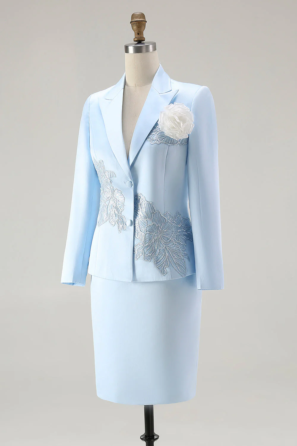 Blue 2-Piece Satin Mother of the Bride Dress With Embroidery - Image 3