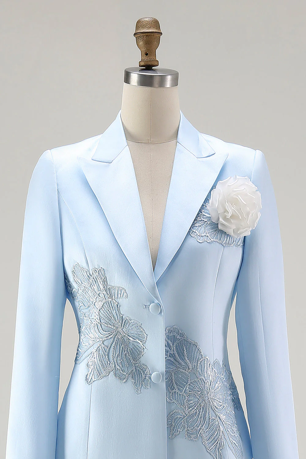 Blue 2-Piece Satin Mother of the Bride Dress With Embroidery - Image 4