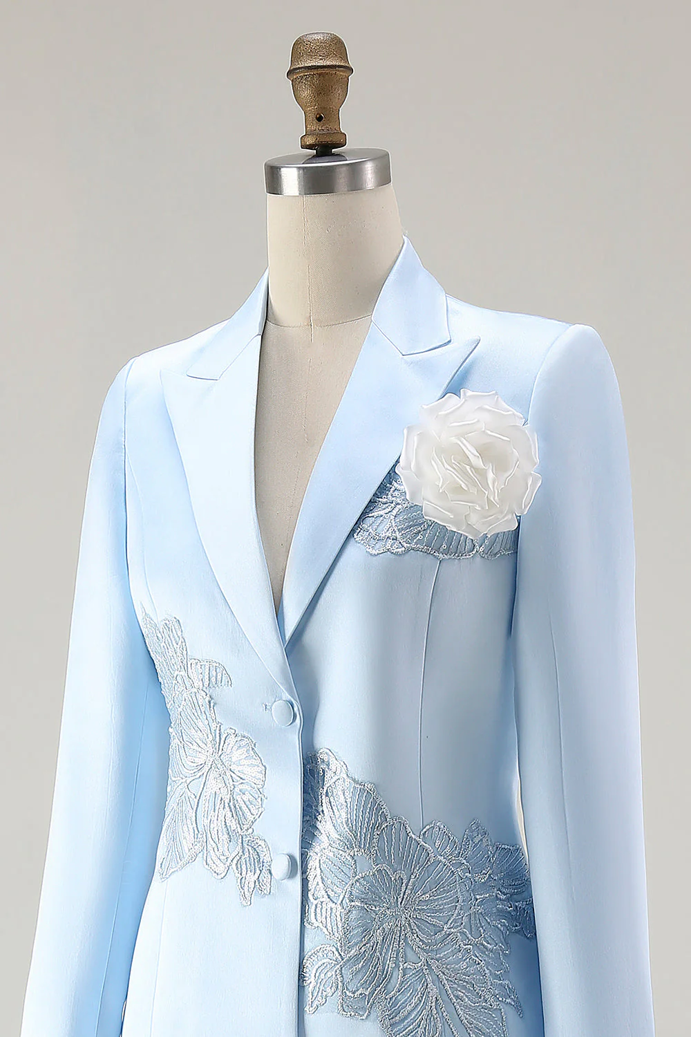 Blue 2-Piece Satin Mother of the Bride Dress With Embroidery - Image 6