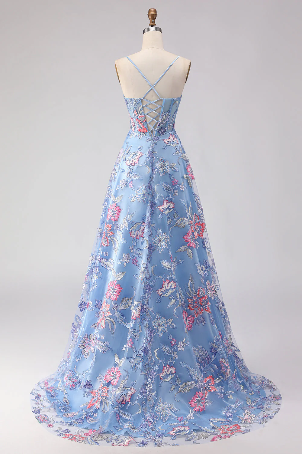 Blue A-Line Corset Embroidered Lace Up Back Long Floral Prom Dress with Slit - Image 2