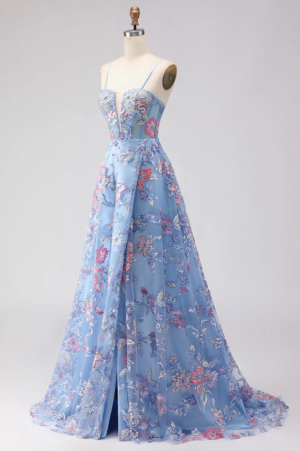 Blue A-Line Corset Embroidered Lace Up Back Long Floral Prom Dress with Slit - Image 3