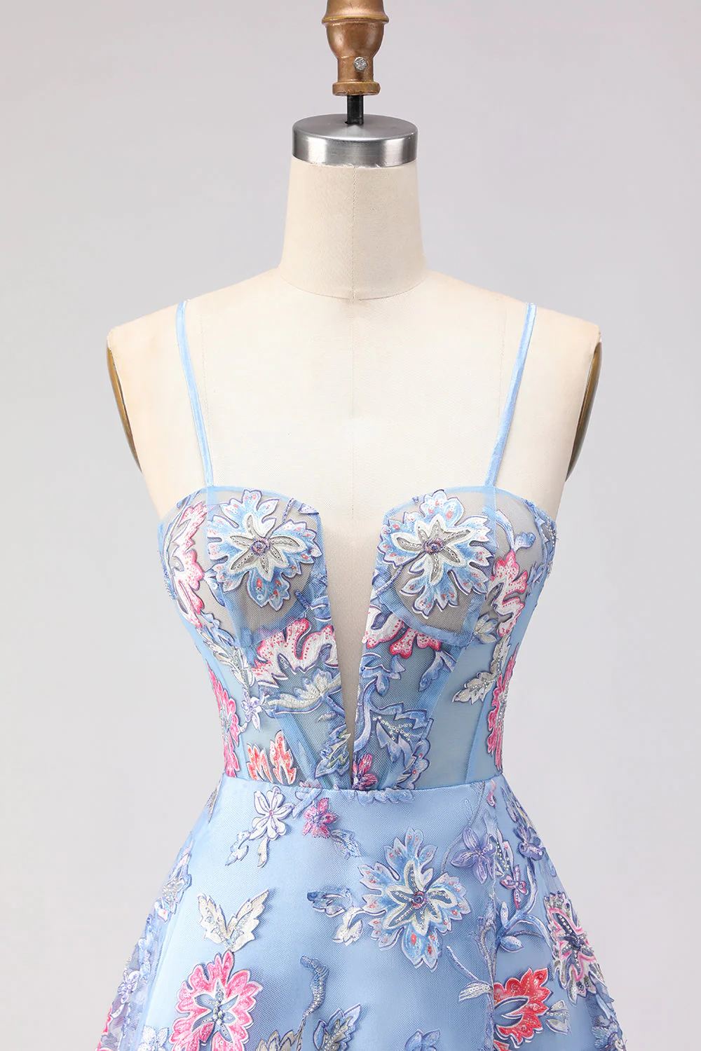 Blue A-Line Corset Embroidered Lace Up Back Long Floral Prom Dress with Slit - Image 4