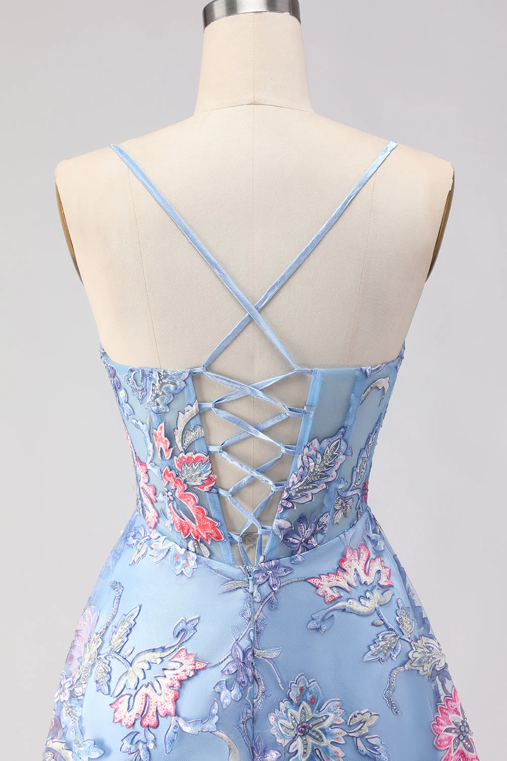 Blue A-Line Corset Embroidered Lace Up Back Long Floral Prom Dress with Slit - Image 5