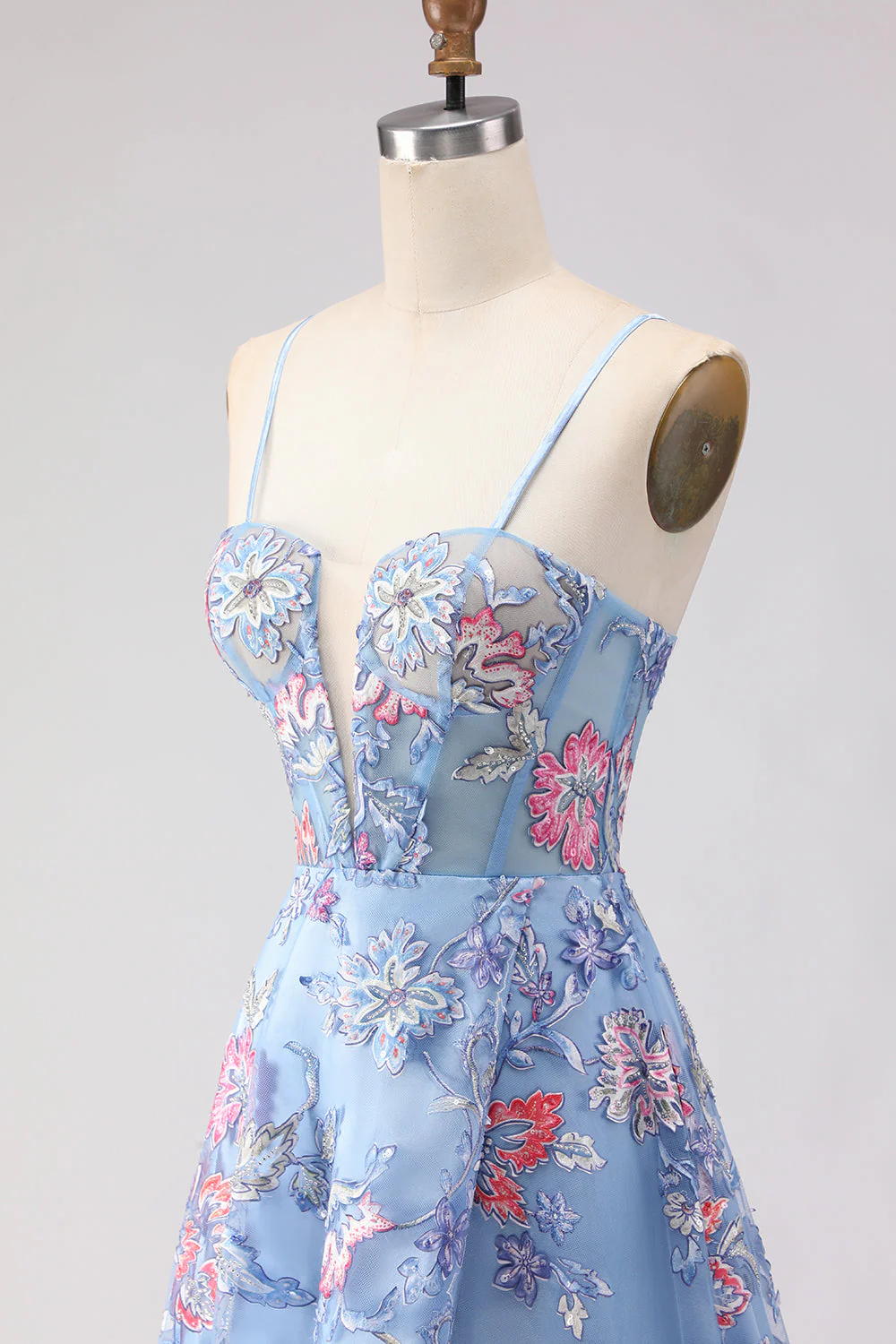 Blue A-Line Corset Embroidered Lace Up Back Long Floral Prom Dress with Slit - Image 6
