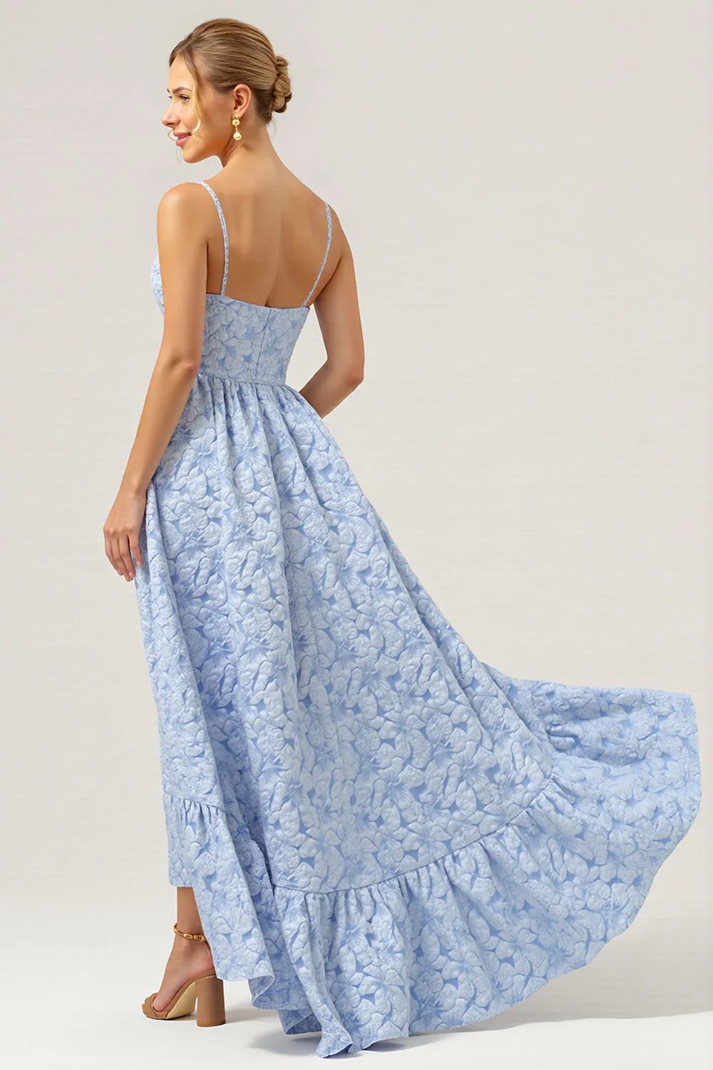 Blue A Line Floral Spaghetti Straps Long Bridesmaid Dress - Image 2