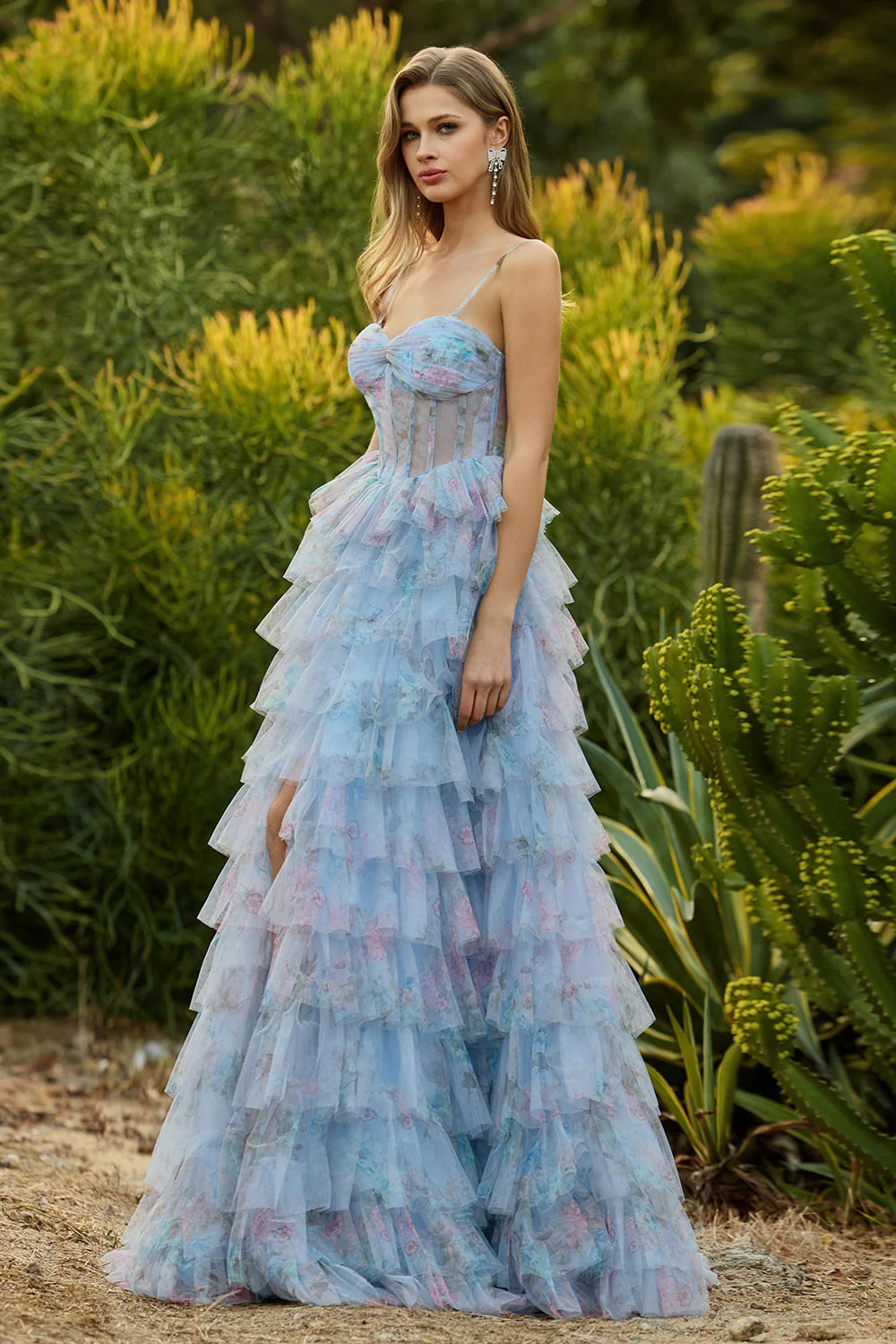 Blue A-Line Floral Tiered Ruffle Corset Long Prom Dress with Slit - Image 4