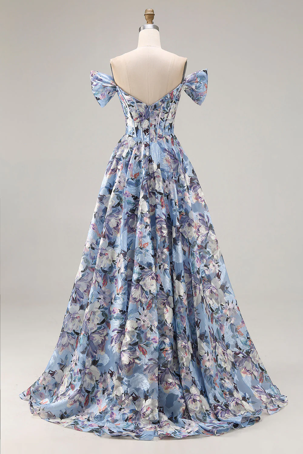 Blue A-Line Off The Shoulder Corset Floral Long Prom Dress with Slit - Image 2
