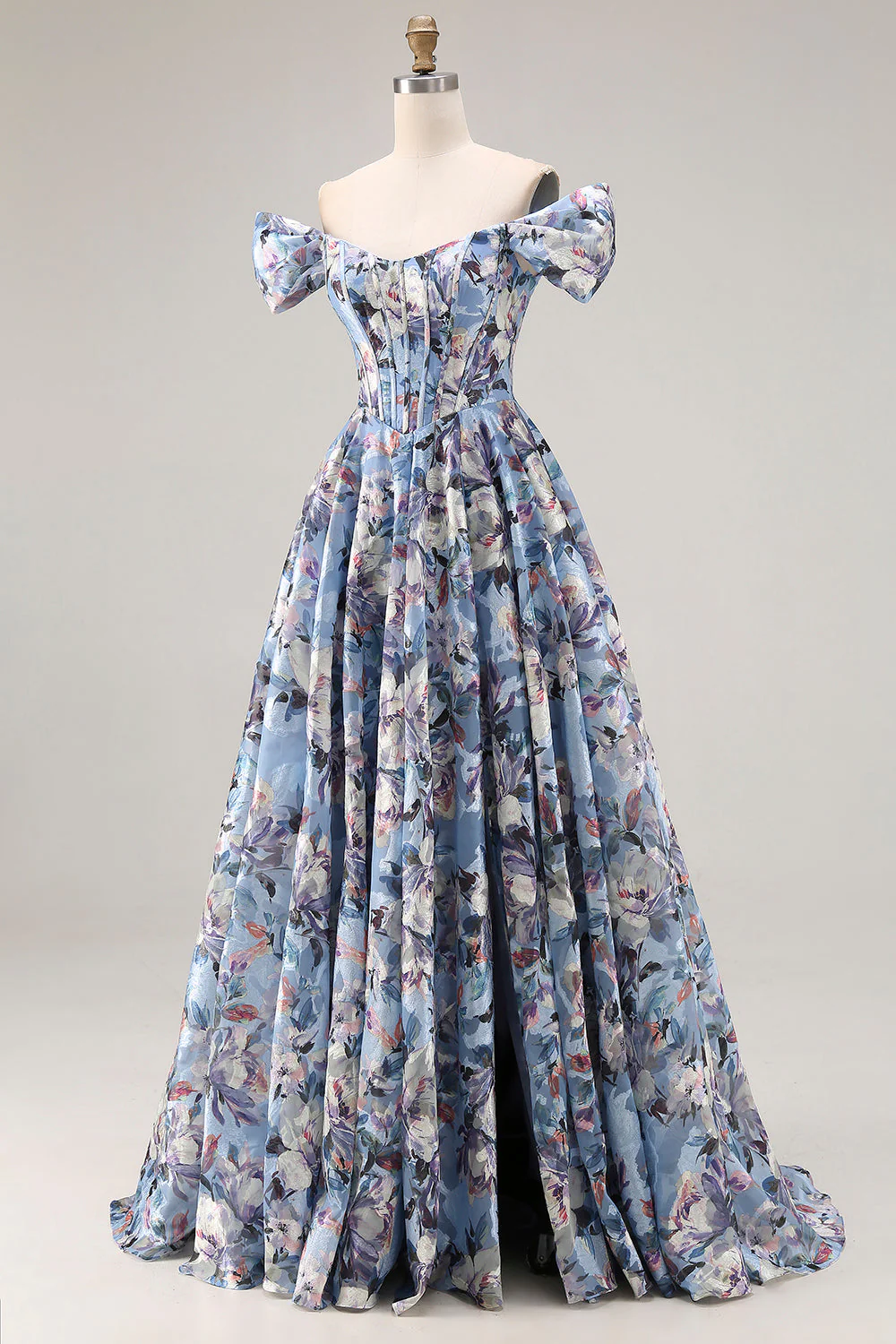 Blue A-Line Off The Shoulder Corset Floral Long Prom Dress with Slit - Image 3