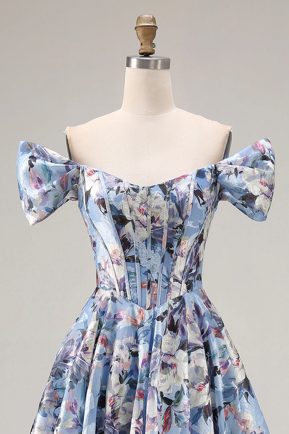 Blue A-Line Off The Shoulder Corset Floral Long Prom Dress with Slit - Image 4