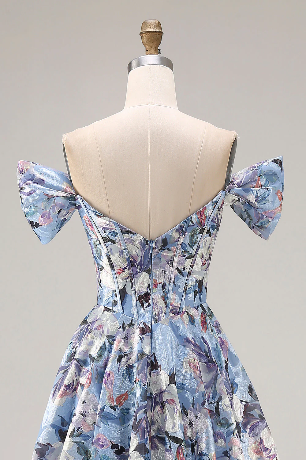 Blue A-Line Off The Shoulder Corset Floral Long Prom Dress with Slit - Image 5