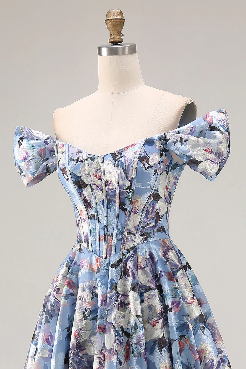 Blue A-Line Off The Shoulder Corset Floral Long Prom Dress with Slit - Image 6