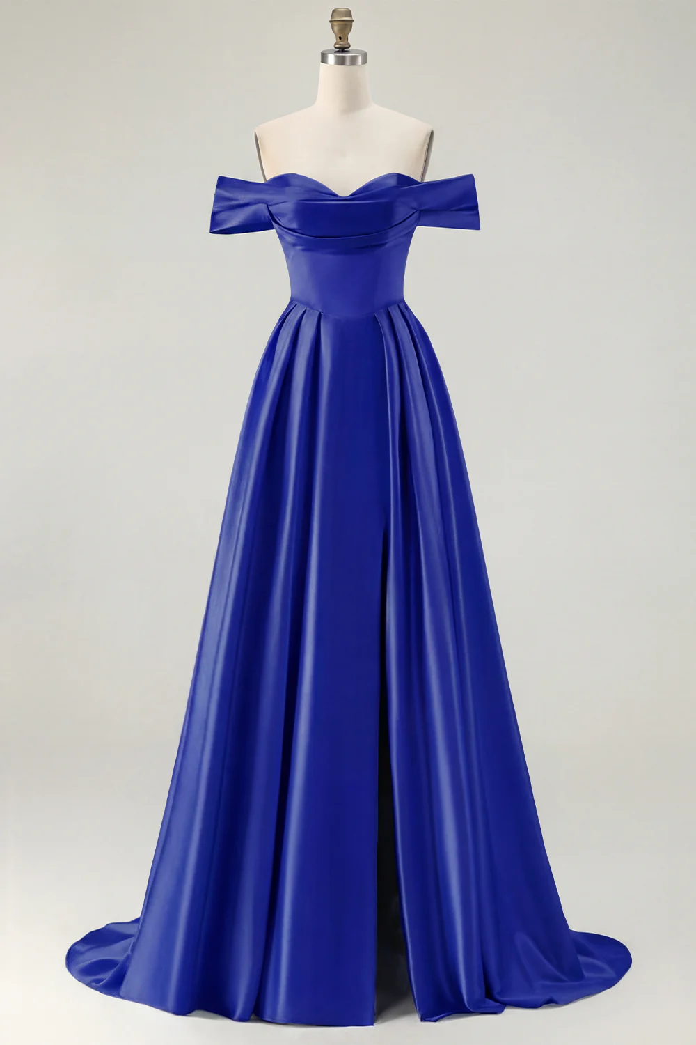 Blue A-Line Off The Shoulder Satin Long Bridesmaid Dress with Slit - Image 11
