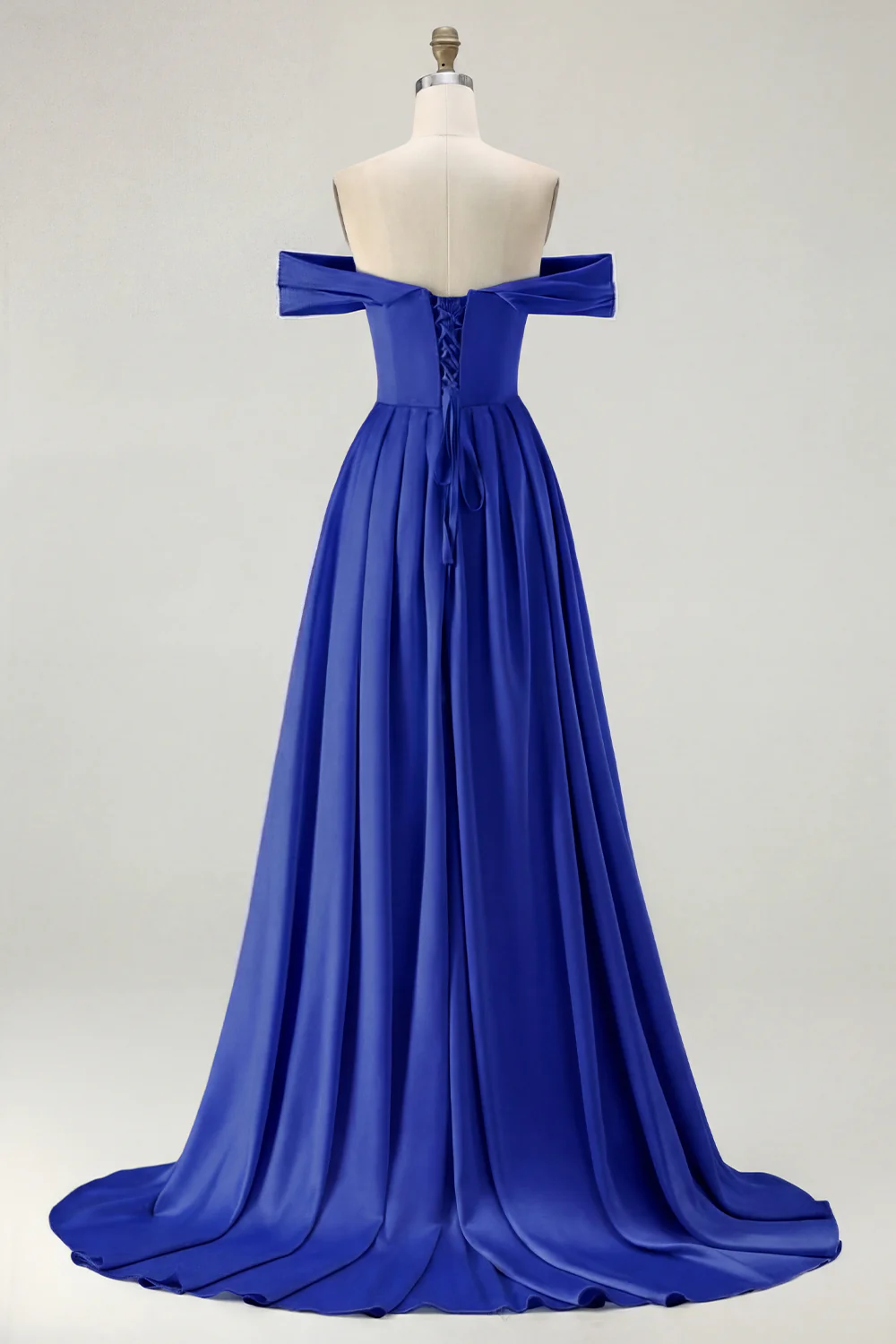Blue A-Line Off The Shoulder Satin Long Bridesmaid Dress with Slit - Image 12