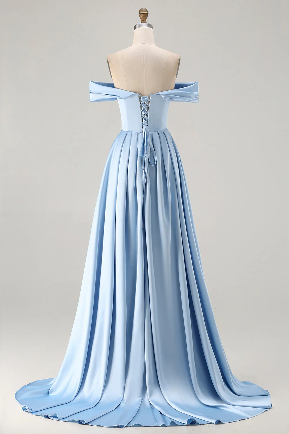 Blue A-Line Off The Shoulder Satin Long Bridesmaid Dress with Slit - Image 2