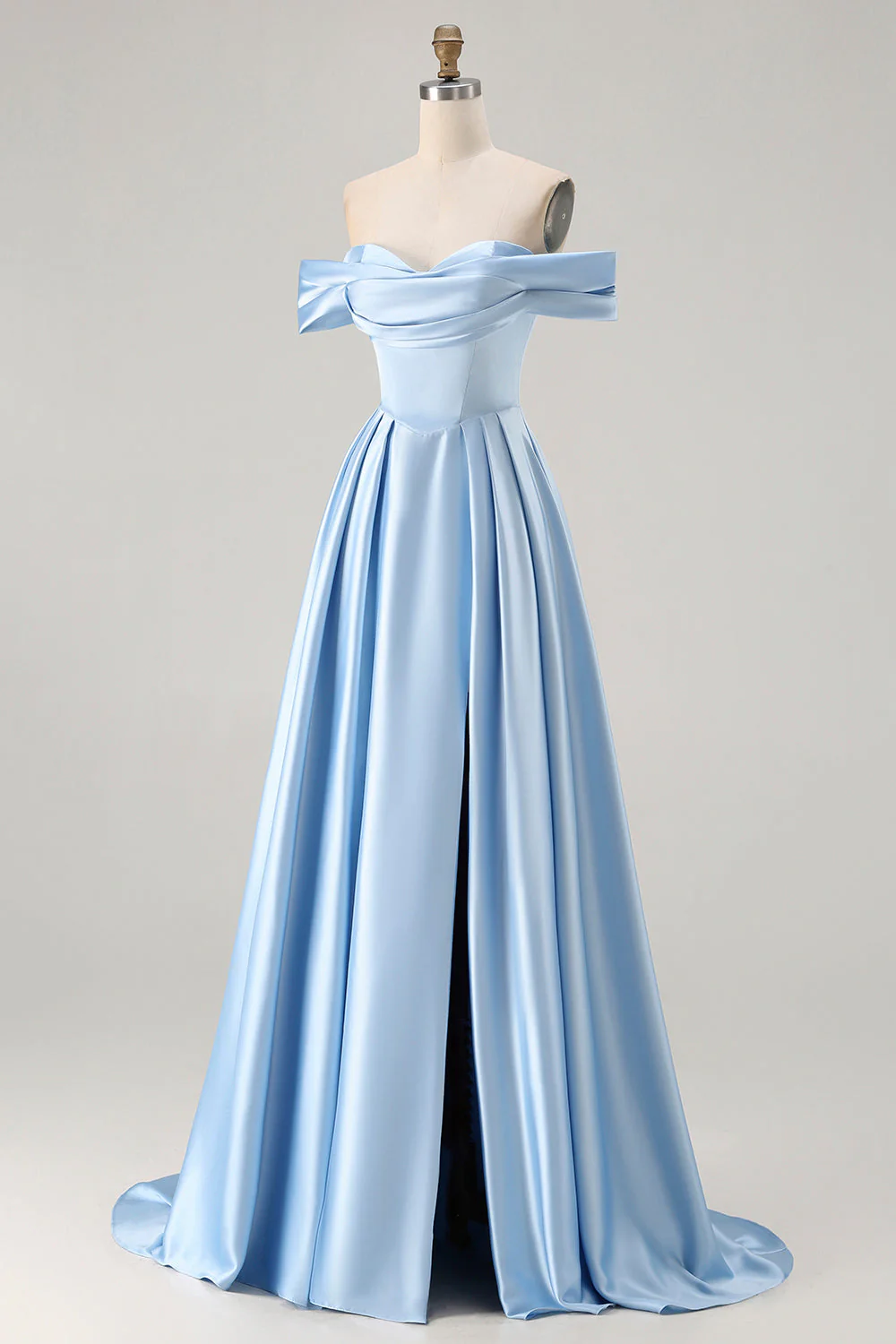 Blue A-Line Off The Shoulder Satin Long Bridesmaid Dress with Slit - Image 3