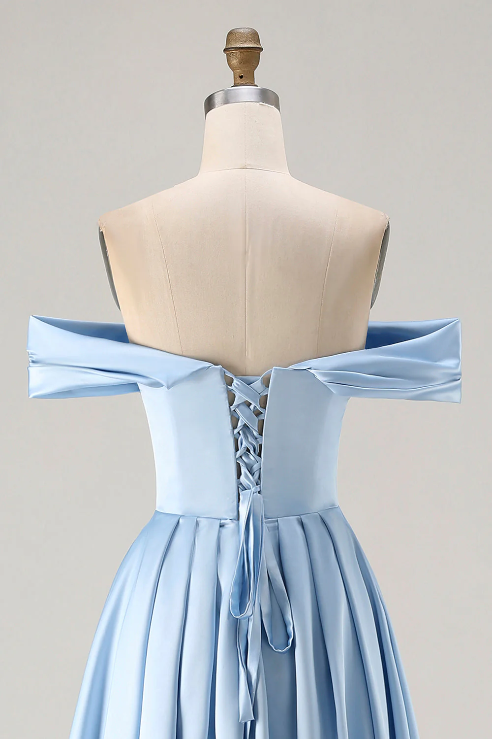 Blue A-Line Off The Shoulder Satin Long Bridesmaid Dress with Slit - Image 5