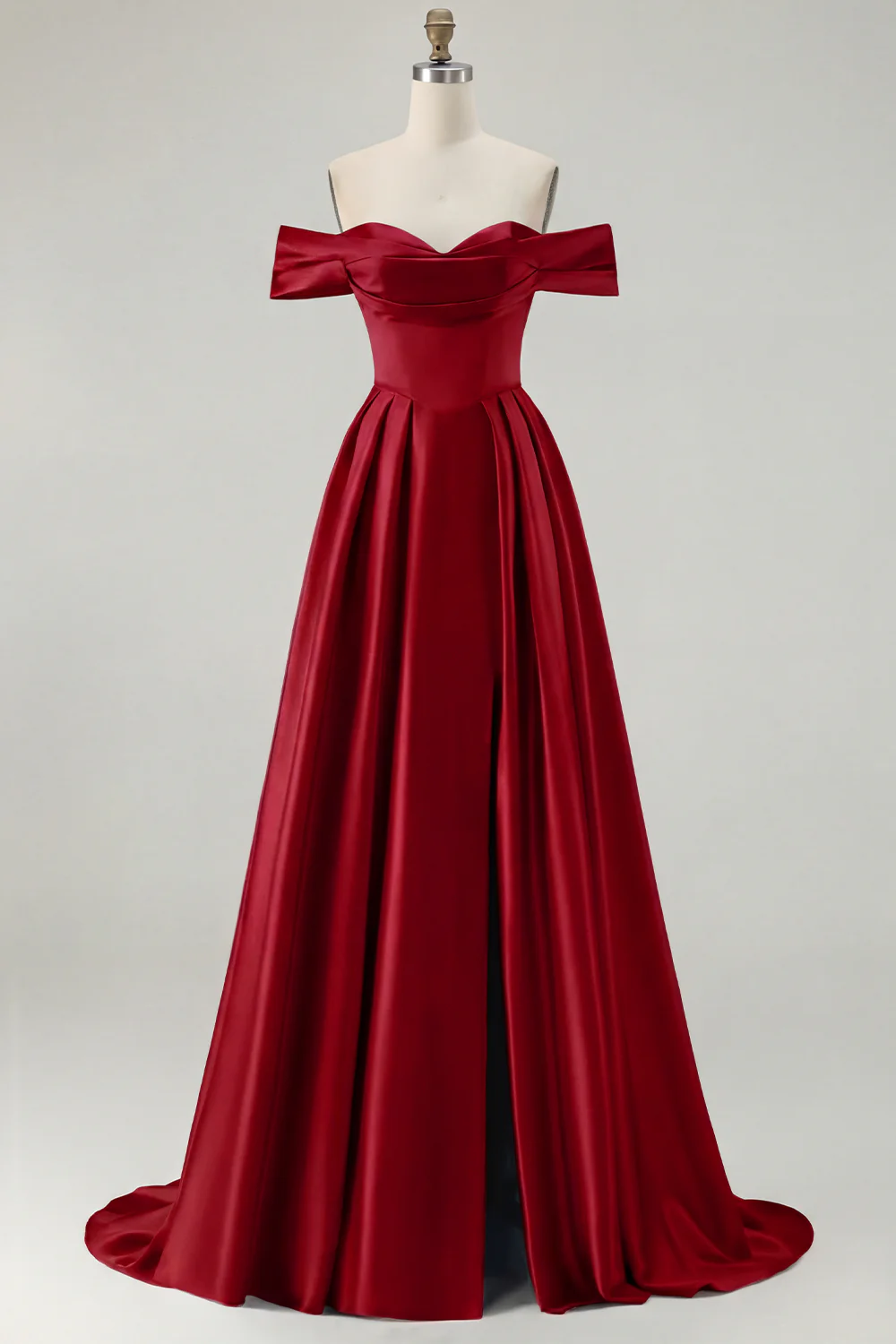 Blue A-Line Off The Shoulder Satin Long Bridesmaid Dress with Slit - Image 7