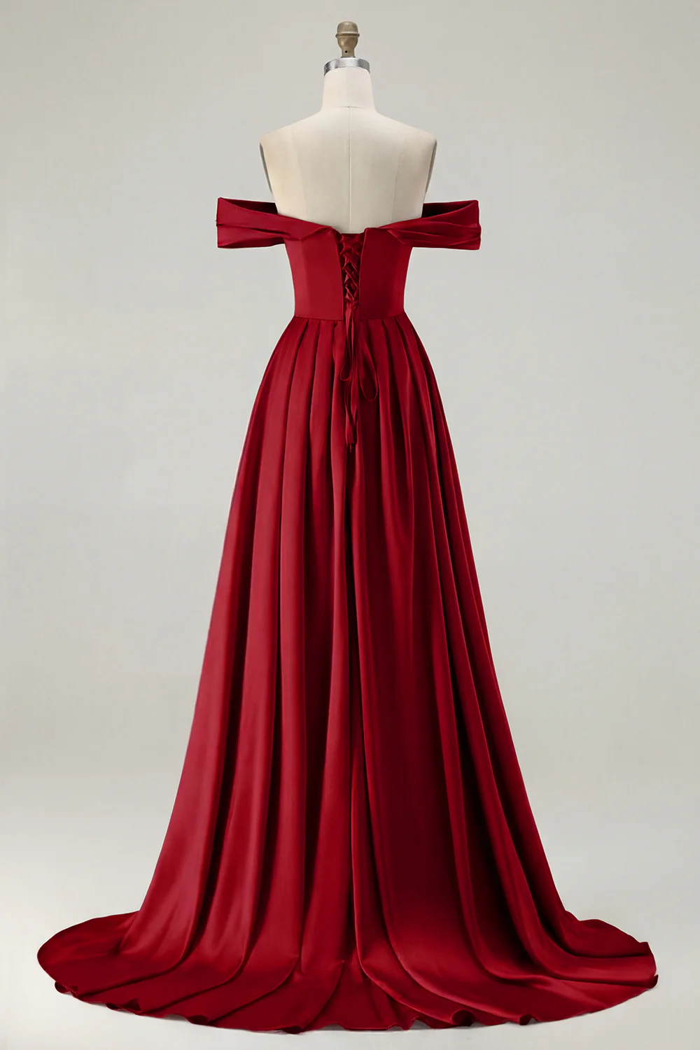 Blue A-Line Off The Shoulder Satin Long Bridesmaid Dress with Slit - Image 8