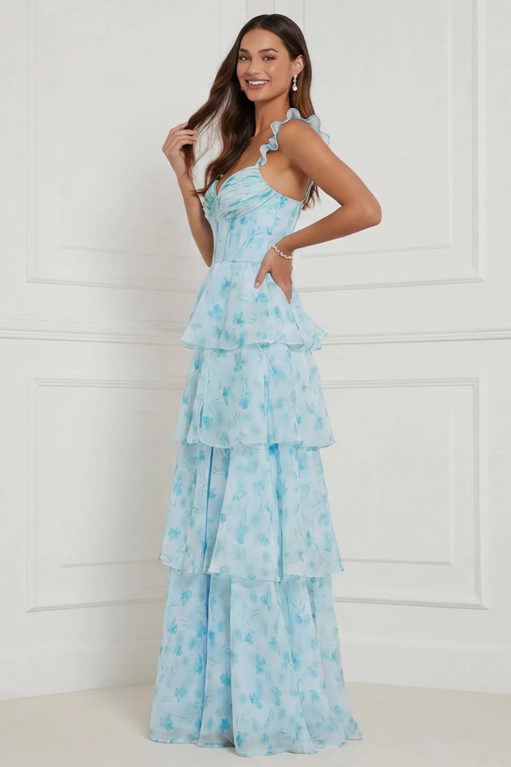 Blue A Line Ruffled Corset Long Floral Dress with Slit - Image 3