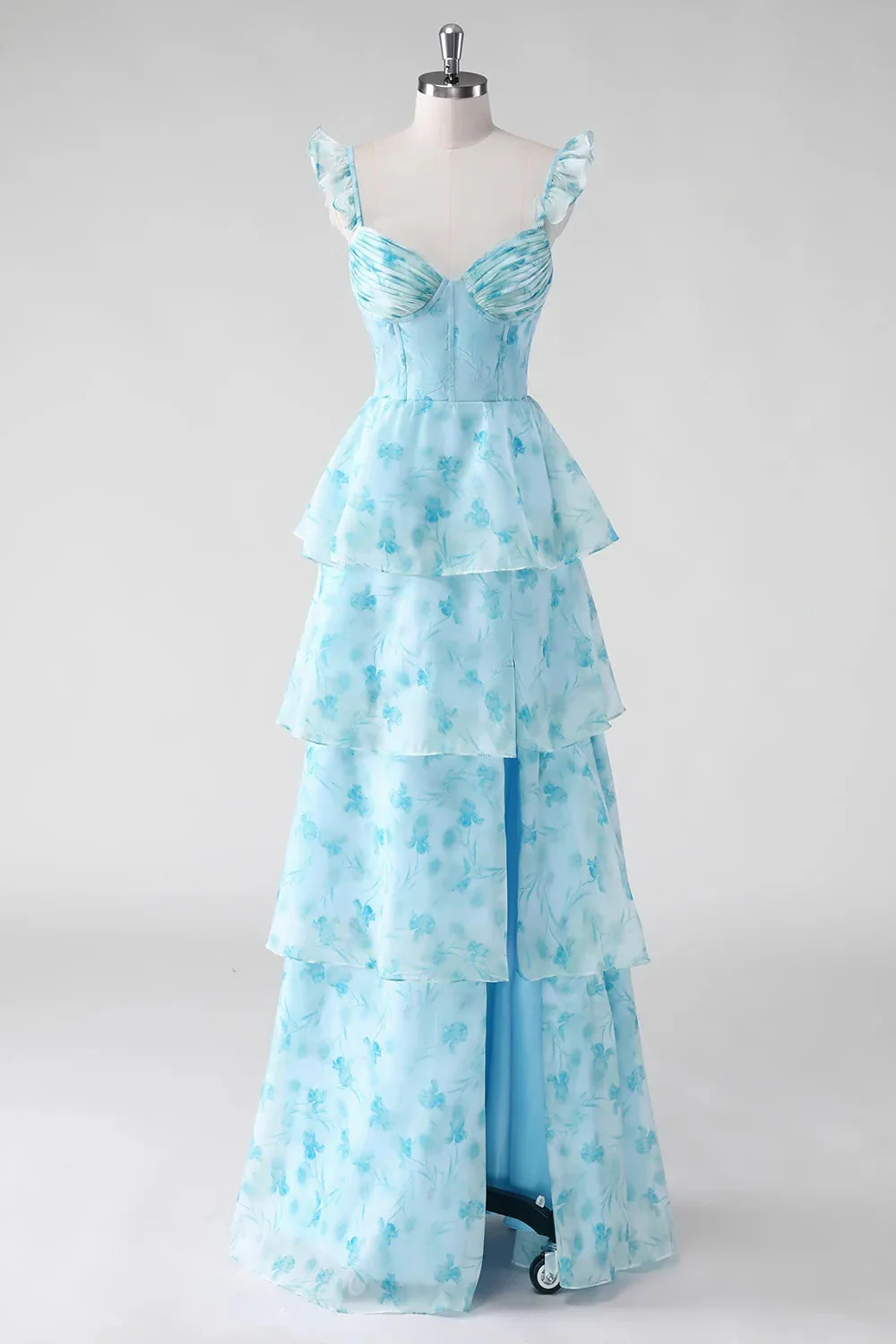 Blue A Line Ruffled Corset Long Floral Dress with Slit - Image 7