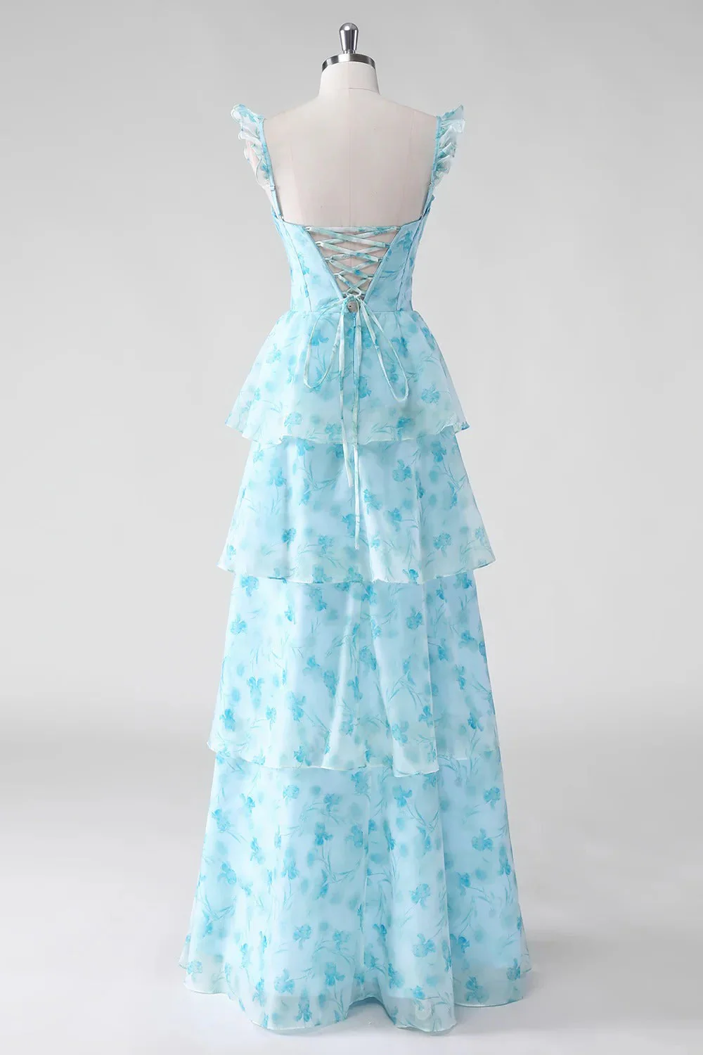 Blue A Line Ruffled Corset Long Floral Dress with Slit - Image 8