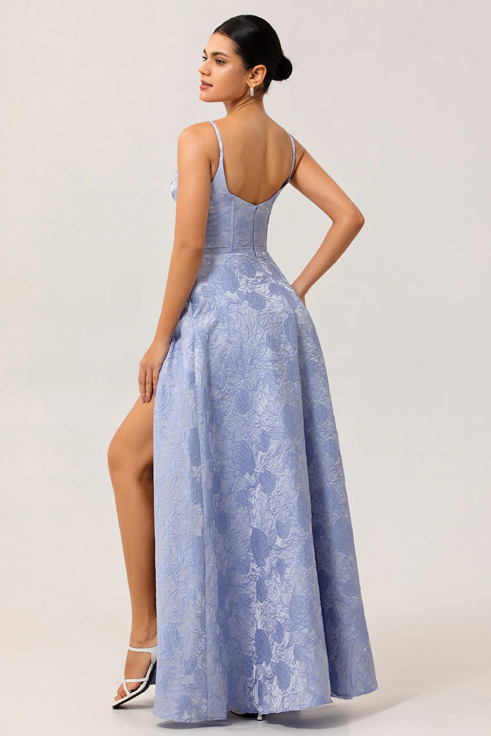 Blue A Line Spaghetti Straps Brocade Corset Prom Dress with Slit - Image 2