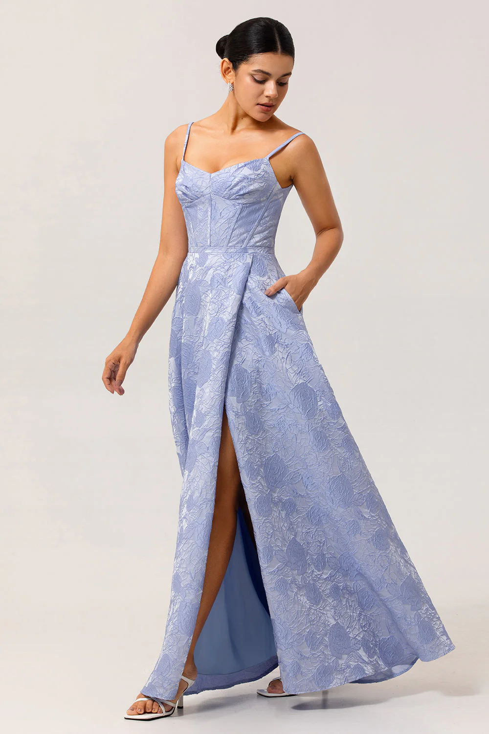 Blue A Line Spaghetti Straps Brocade Corset Prom Dress with Slit - Image 3