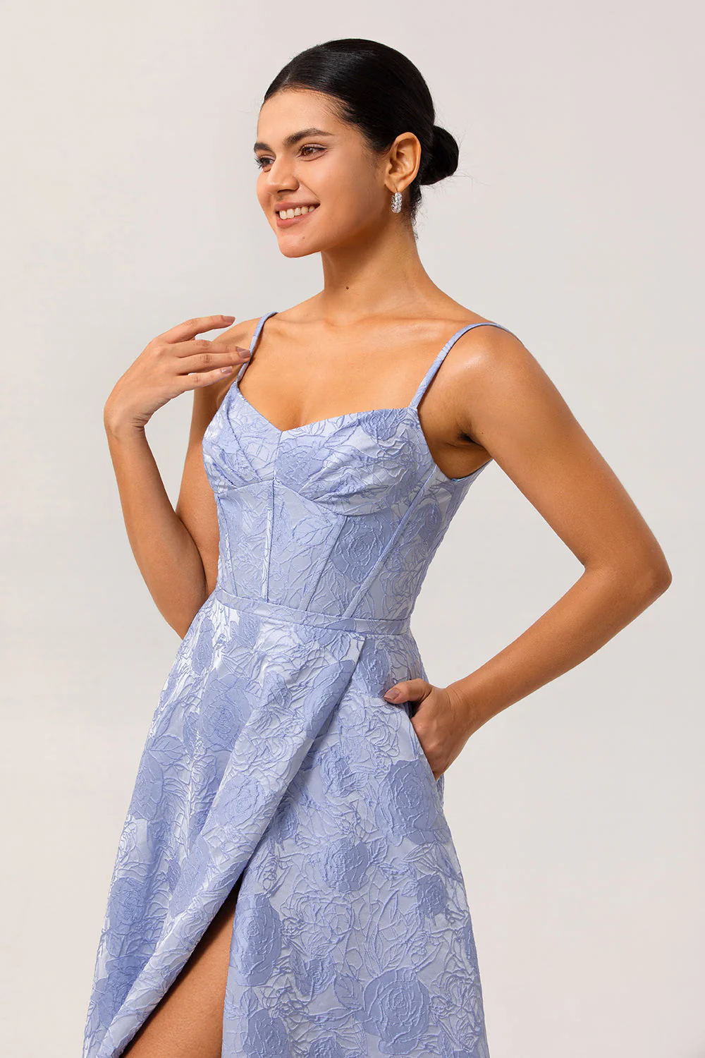 Blue A Line Spaghetti Straps Brocade Corset Prom Dress with Slit - Image 4