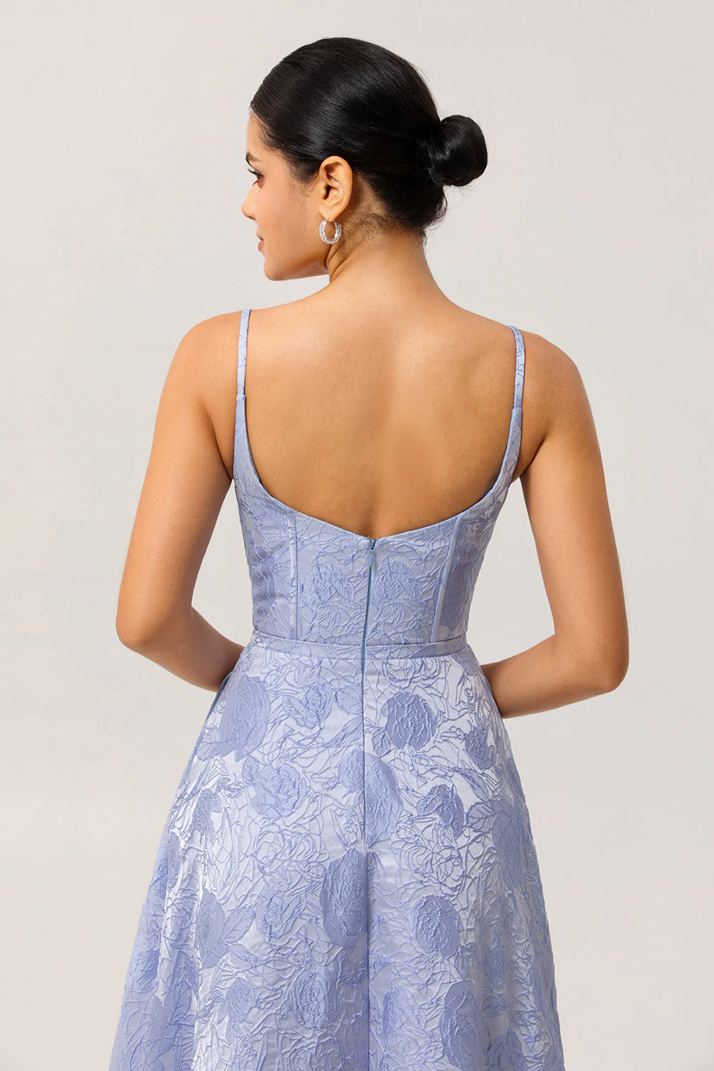 Blue A Line Spaghetti Straps Brocade Corset Prom Dress with Slit - Image 5
